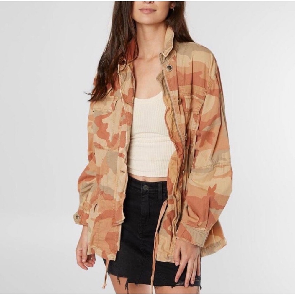 Free People Lead the Way Camo Jacket Womens M Tan Boho Streetwear Utility Cargo
